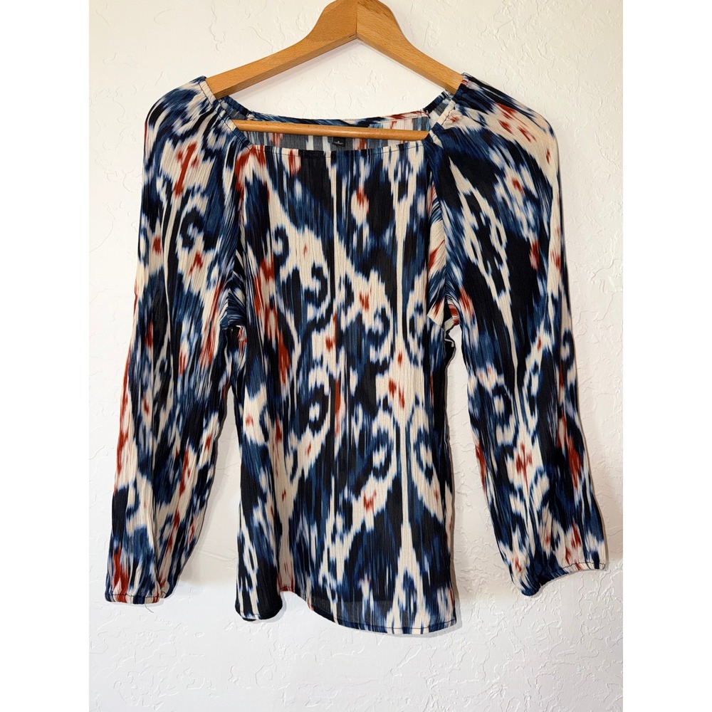Liverpool Los Angeles Ikat Print Blouse Square Neck Blue Peasant Top Size Small